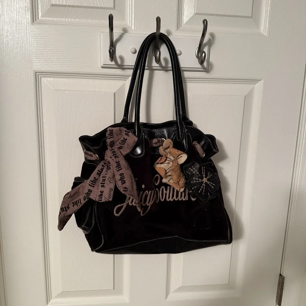 Vintage Juicy Couture Daydreamer Velour Brown Flower Appliqué Tote Bag Purse Bow
